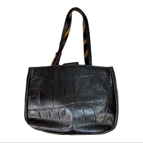 Handbags - Falor Deep Brown Crocodile Embossed Leather Shoulder Bag Purse Calf Hair Strap